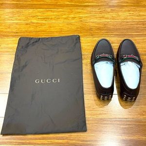 Gucci Men's Brown Leather Web Stripe Horsebit Loafers Shoes